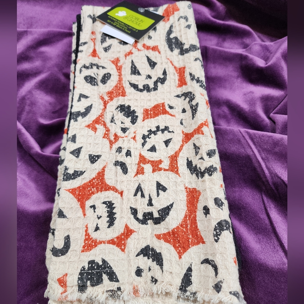 COPY - Set of 3 Goblin & Ghoul Pumpkin Kitchen Towels Halloween towel